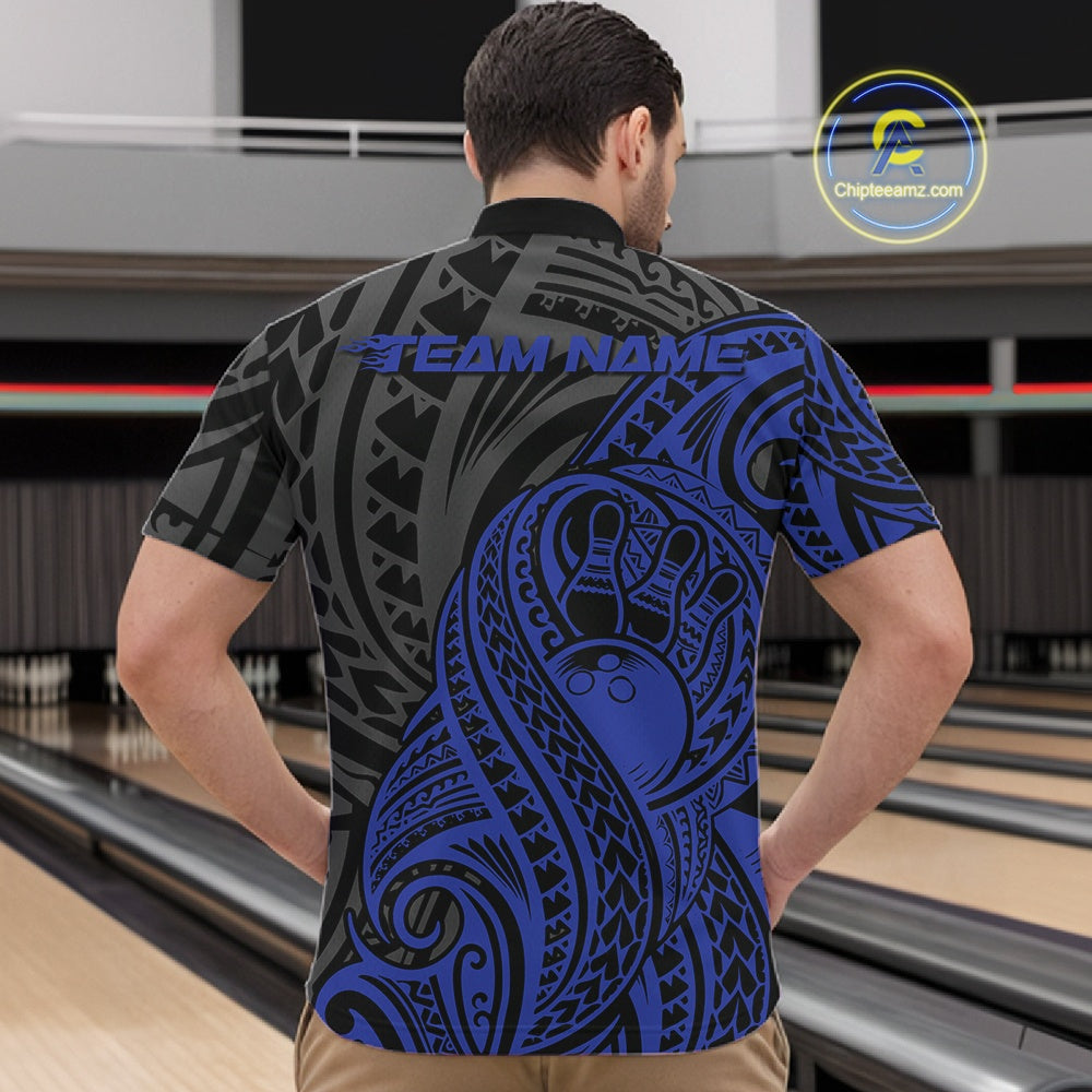 Custom Black And Blue Maori Style Koru Spiral Tribal Men Bowling Quarter-Zip Team Shirt IPHW10952