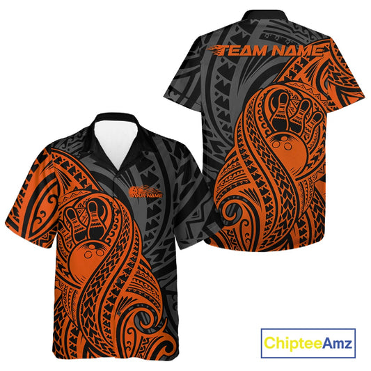 Custom Black And Orange Maori Style Koru Spiral Tribal Men And Women Bowling Hawaiian Team Shirt IPHW10954