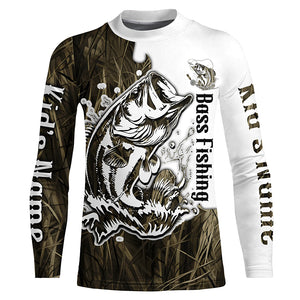 Custom Largemouth Bass Fishing Long Sleeve Tournament Shirts, Bass Fishing League Shirt | Grass Camo IPHW6384