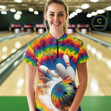 Load image into Gallery viewer, Custom Colorful Tie Dye Bowling Quarter-Zip Shirts For Women, Rainbow Bowling Outfit IPHW9114