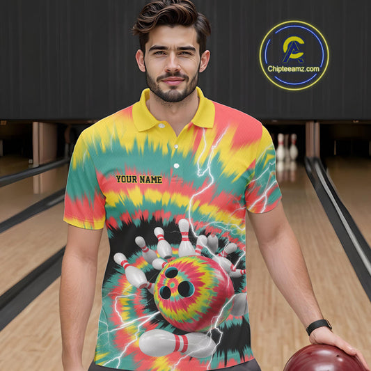 Custom Colorful Tie Dye Bowling Polo Shirts For Men, Rainbow Bowling Outfit IPHW9115