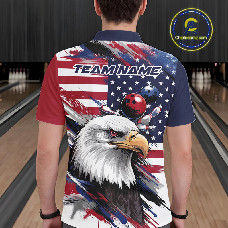 Custom Patriotic Eagle Bowling Shirts For Men, US Flag Bowling League Team Shirt IPHW9476