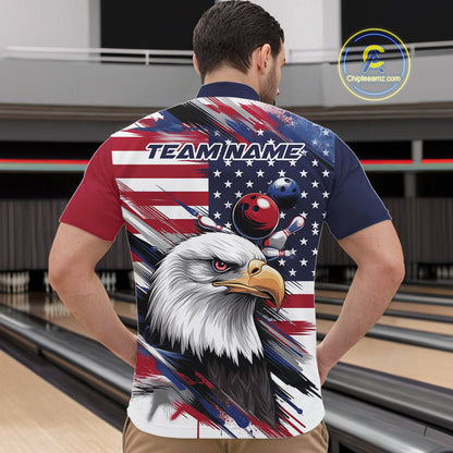Custom Patriotic Eagle Bowling Shirts For Men, US Flag Bowling League Team Shirt IPHW9476