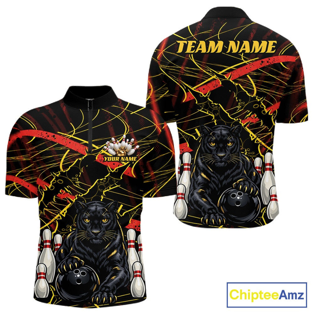 Custom Black, Gold And Red Claw Marks Black Panther Bowling Men Quarter Zip Team Shirt IPHW11635