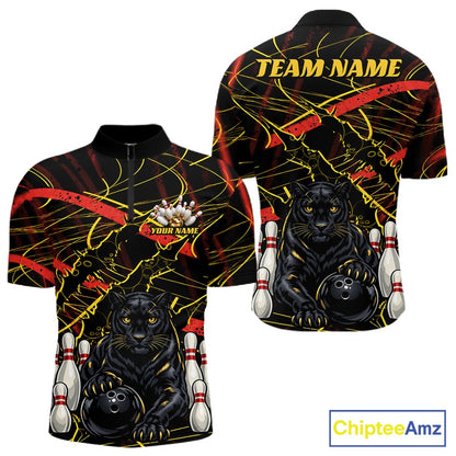 Custom Black, Gold And Red Claw Marks Black Panther Bowling Men Quarter Zip Team Shirt IPHW11635