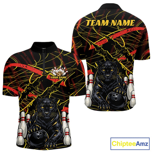 Custom Black, Gold And Red Claw Marks Black Panther Bowling Men Quarter Zip Team Shirt IPHW11635