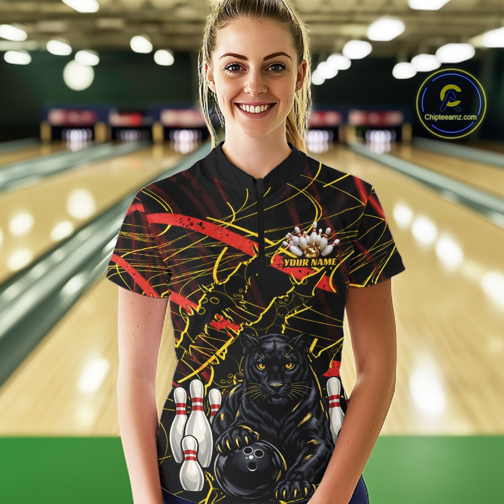 Custom Black, Gold And Red Claw Marks Black Panther Bowling Women Quarter-Zip Team Shirt IPHW11635