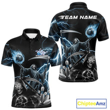 Load image into Gallery viewer, Custom Blue Lightning Grim Reaper Skull Bowling Men Polo Shirt, Halloween Outfit IPHW9848