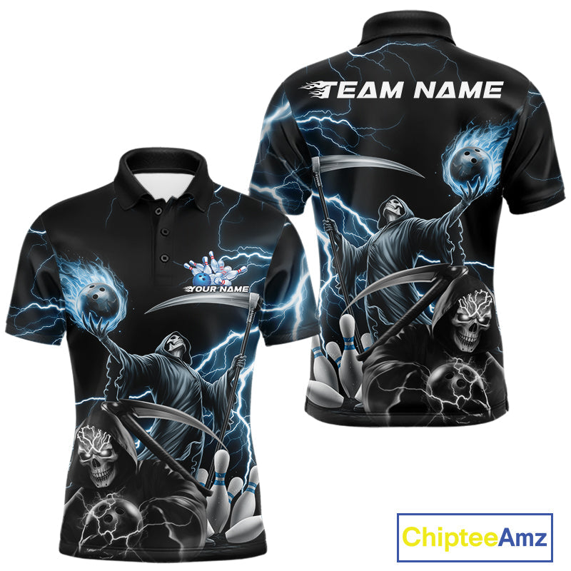 Custom Blue Lightning Grim Reaper Skull Bowling Men Polo Shirt, Halloween Outfit IPHW9848