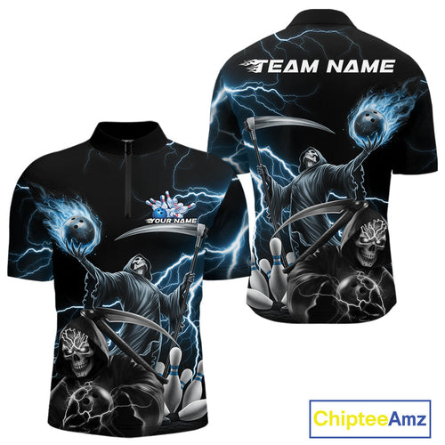 Custom Blue Lightning Grim Reaper Skull Bowling Men Quarter-Zip Shirt, Halloween Outfit IPHW9848