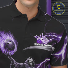 Load image into Gallery viewer, Custom Purple Lightning Grim Reaper Skull Bowling Men Polo Shirt, Halloween Outfit IPHW9849