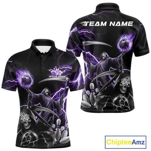 Custom Purple Lightning Grim Reaper Skull Bowling Men Polo Shirt, Halloween Outfit IPHW9849