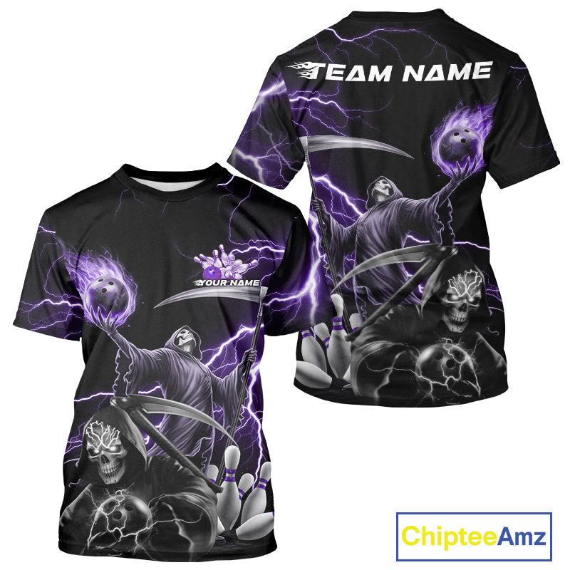 Custom Purple Lightning Grim Reaper Skull Bowling Men T-Shirts Shirt, Halloween Outfit IPHW9849