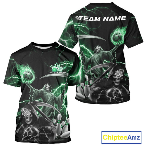Custom Green Lightning Grim Reaper Skull Bowling Men T-Shirts Shirt, Halloween Outfit IPHW9850