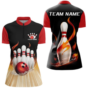 Black And Red Classic Bowling Scene On The Lane Custom Flame Bowling Team Shirts For Women IPHW7724