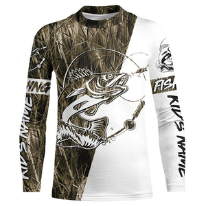 Walleye Fishing Grass Camo Custom Long Sleeve Fishing Shirts, Walleye Tournament Fishing Jerseys IPHW5775