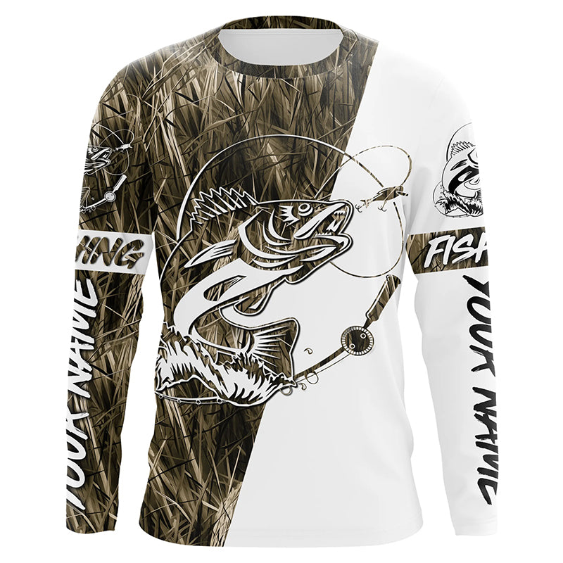 Walleye Fishing Grass Camo Custom Long Sleeve Fishing Shirts, Walleye Tournament Fishing Jerseys IPHW5775