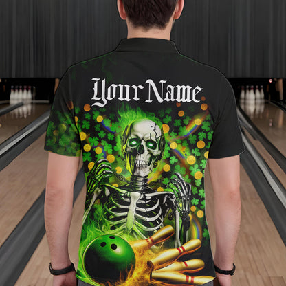 Custom Green Flame Skull Saint Patrick Day Bowling Polo Shirts For Men, Shamrock Bowling IPHW8378