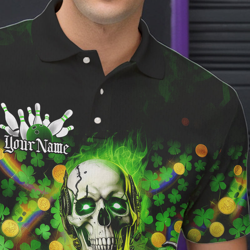 Custom Green Flame Skull Saint Patrick Day Bowling Polo Shirts For Men, Shamrock Bowling IPHW8378