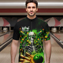 Load image into Gallery viewer, Custom Green Flame Skull Saint Patrick Day Bowling Quarter-Zip Shirts For Men, Shamrock Bowling IPHW8378