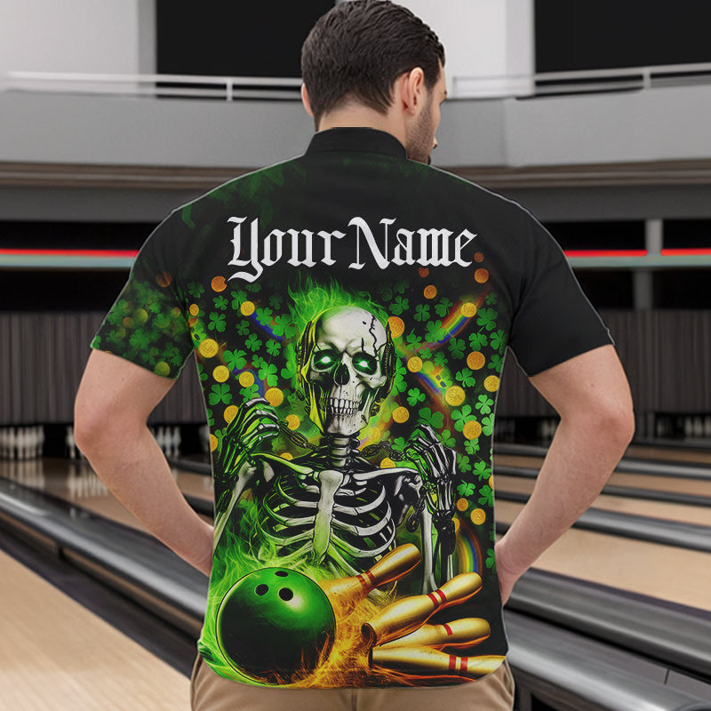 Custom Green Flame Skull Saint Patrick Day Bowling Quarter-Zip Shirts For Men, Shamrock Bowling IPHW8378