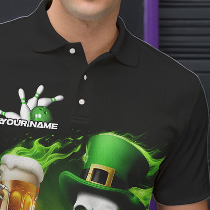 Custom Green St Patricks Day Funny Skull Drink Beer Bowling Polo Shirts For Men IPHW8380