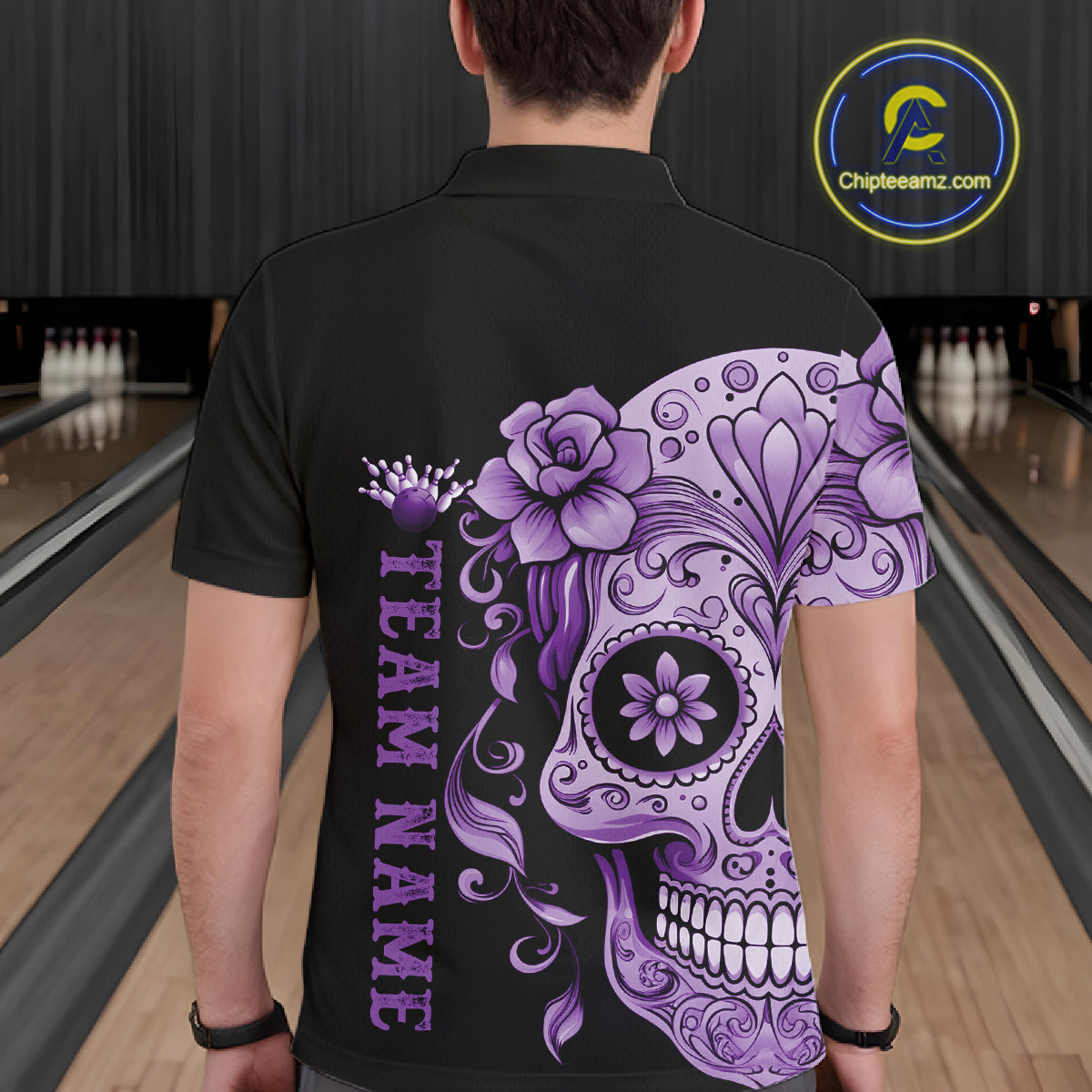 Purple Sugar Skull Tattoo Custom Men Bowling Polo Shirt, Halloween Team Bowling Jerseys IPHW10722