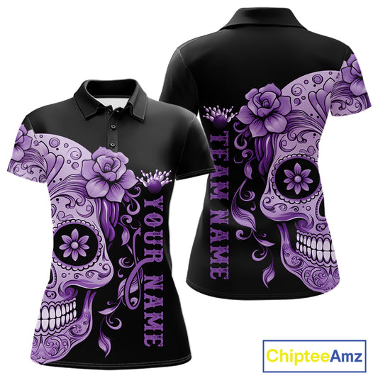 Purple Sugar Skull Tattoo Custom Women Bowling Polo Shirt, Halloween Team Bowling Jerseys IPHW10722