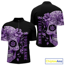 Load image into Gallery viewer, Purple Sugar Skull Tattoo Custom Men Bowling Quarter-Zip Shirt, Halloween Team Bowling Jerseys IPHW10722