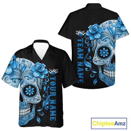 Blue Sugar Skull Tattoo Custom Men And Women Bowling Hawaiian Shirt, Halloween Team Bowling Jerseys IPHW10723