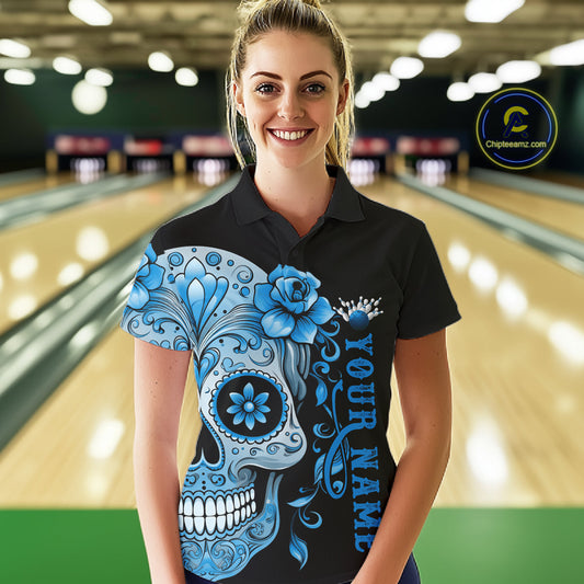 Blue Sugar Skull Tattoo Custom Women Bowling Polo Shirt, Halloween Team Bowling Jerseys IPHW10723
