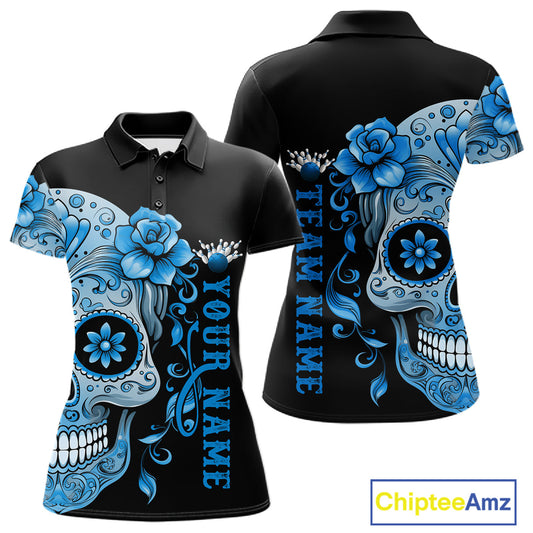Blue Sugar Skull Tattoo Custom Women Bowling Polo Shirt, Halloween Team Bowling Jerseys IPHW10723