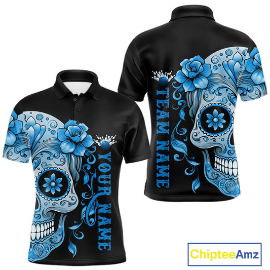 Blue Sugar Skull Tattoo Custom Men Bowling Polo Shirt, Halloween Team Bowling Jerseys IPHW10723