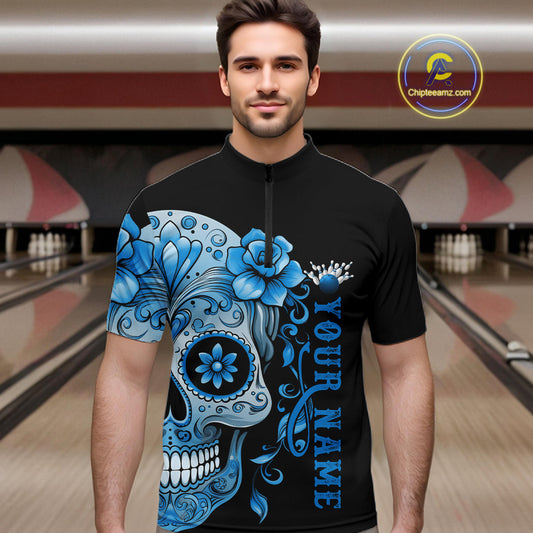 Blue Sugar Skull Tattoo Custom Men Bowling Quarter-Zip Shirt, Halloween Team Bowling Jerseys IPHW10723