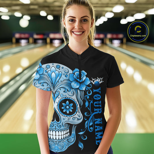 Blue Sugar Skull Tattoo Custom Women Bowling Shirt, Halloween Team Bowling Jerseys IPHW10723