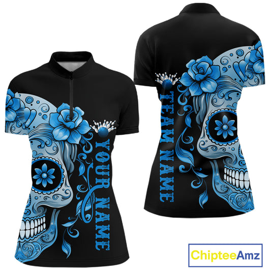 Blue Sugar Skull Tattoo Custom Women Bowling Shirt, Halloween Team Bowling Jerseys IPHW10723