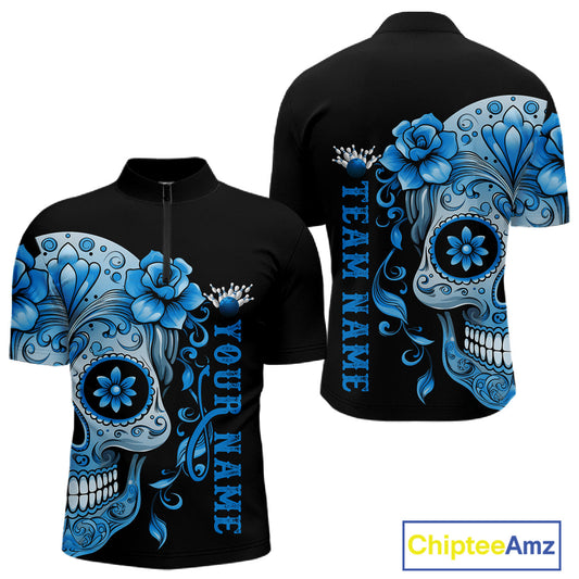Blue Sugar Skull Tattoo Custom Men Bowling Quarter-Zip Shirt, Halloween Team Bowling Jerseys IPHW10723