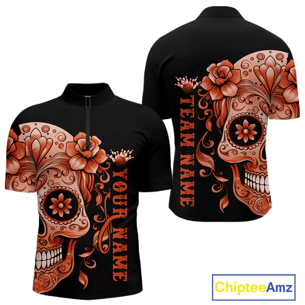 Orange Sugar Skull Tattoo Custom Men Bowling Quarter-Zip Shirt, Halloween Team Bowling Jerseys IPHW10724