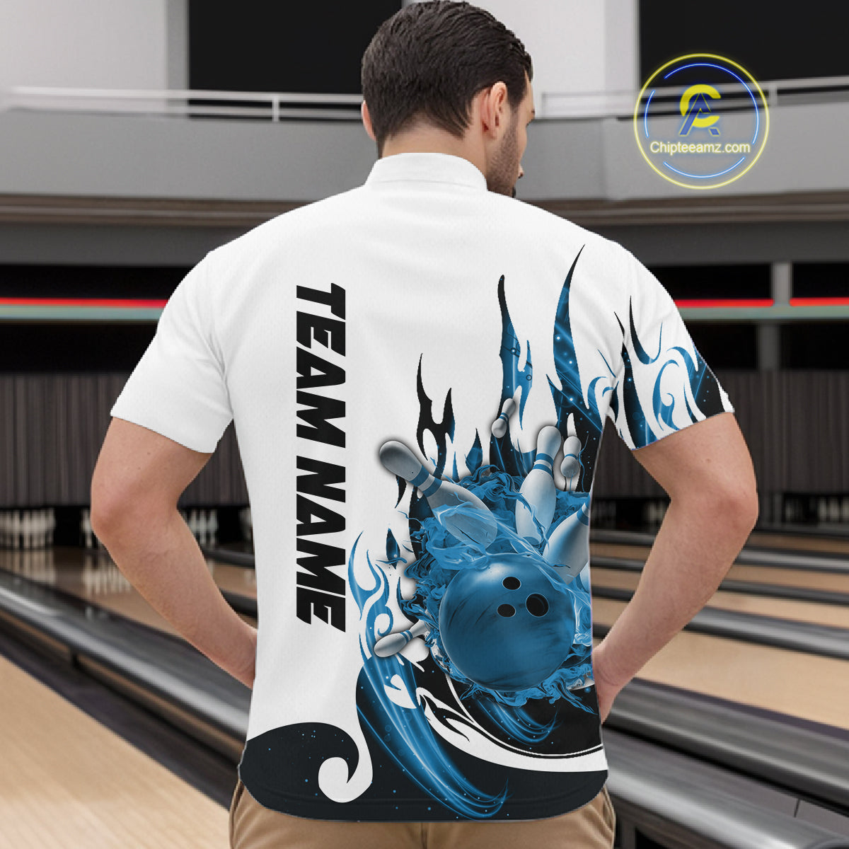 Custom Blue Flame Bowling Team Jerseys, Bowling League Quarter-Zip Shirt For Men IPHW10725