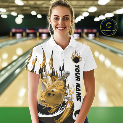 Custom Yellow Flame Bowling Team Jerseys, Bowling League Polo Shirt For Women IPHW10728
