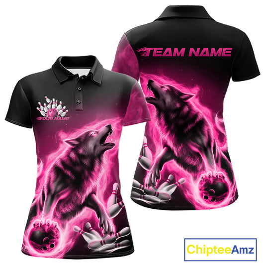 Pink Flame Wolf Custom Bowling Team Shirt For Women, Fire Wolf Bowling Jerseys IPHW10734