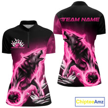 Load image into Gallery viewer, Pink Flame Wolf Custom Bowling Team Shirt For Women, Fire Wolf Bowling Jerseys IPHW10734