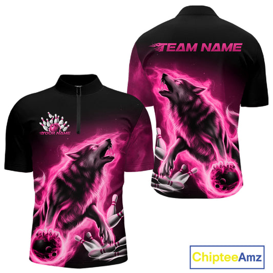 Pink Flame Wolf Custom Bowling Team Shirt For Men, Fire Wolf Bowling Jerseys IPHW10734