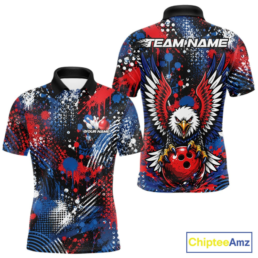 Custom red, white, and blue patriotic eagle bowling polo shirt with paint splatter graphics showing front and back views