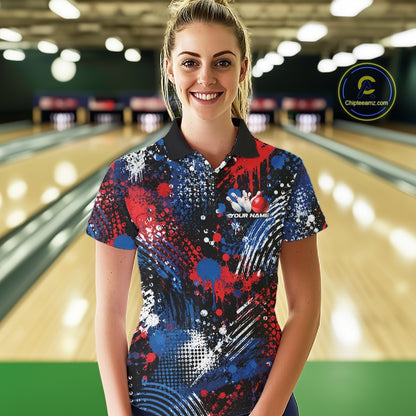 Smiling woman wearing a custom red, white, and blue patriotic eagle bowling shirt inside a bowling alley