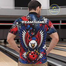 Load image into Gallery viewer, Male model showcasing the back design of the custom splatter eagle patriotic bowling men's quarter-zip shirt.
