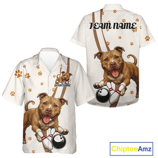Custom Funny Brown Pitbull Dog Bowling Men And Women Hawaiian Shirts, Dog Paw Print Bowler Outfit IPHW10248