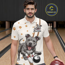 Load image into Gallery viewer, Custom Funny Pitbull Dog Bowling Men Polo Shirts, Dog Paw Print Bowler Outfit IPHW10249