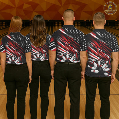 Custom Black And Red US Flag Patriotic Strike Bowling Team Shirt, Freedom Bowling League Shirt Bowler Jerseys IPHW10457