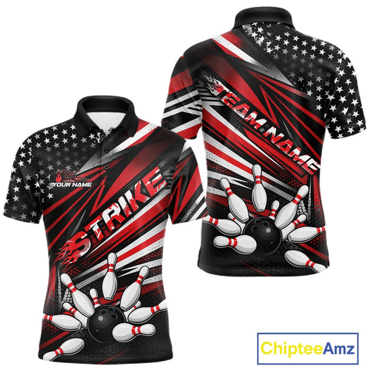 Custom Black And Red US Flag Patriotic Strike Bowling Team Shirt, Freedom Bowling League Shirt Bowler Jerseys IPHW10457